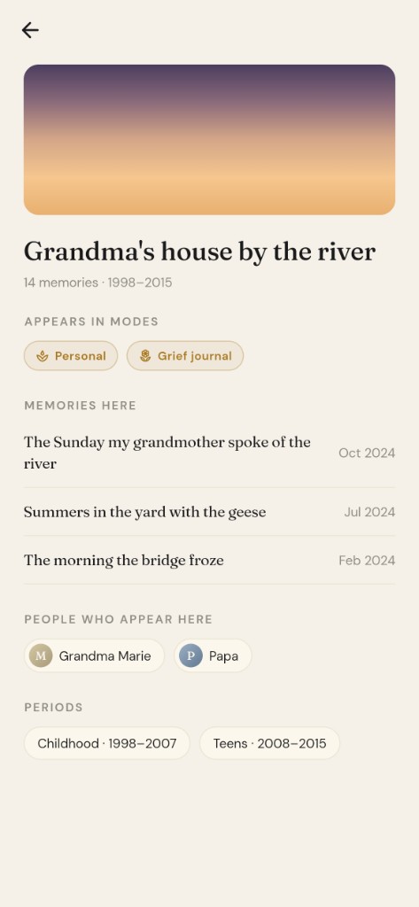 Place view for Grandma’s house by the river with linked memories