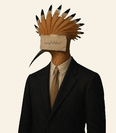 Surreal portrait of a suited figure with a hoopoe head and an unfolded note